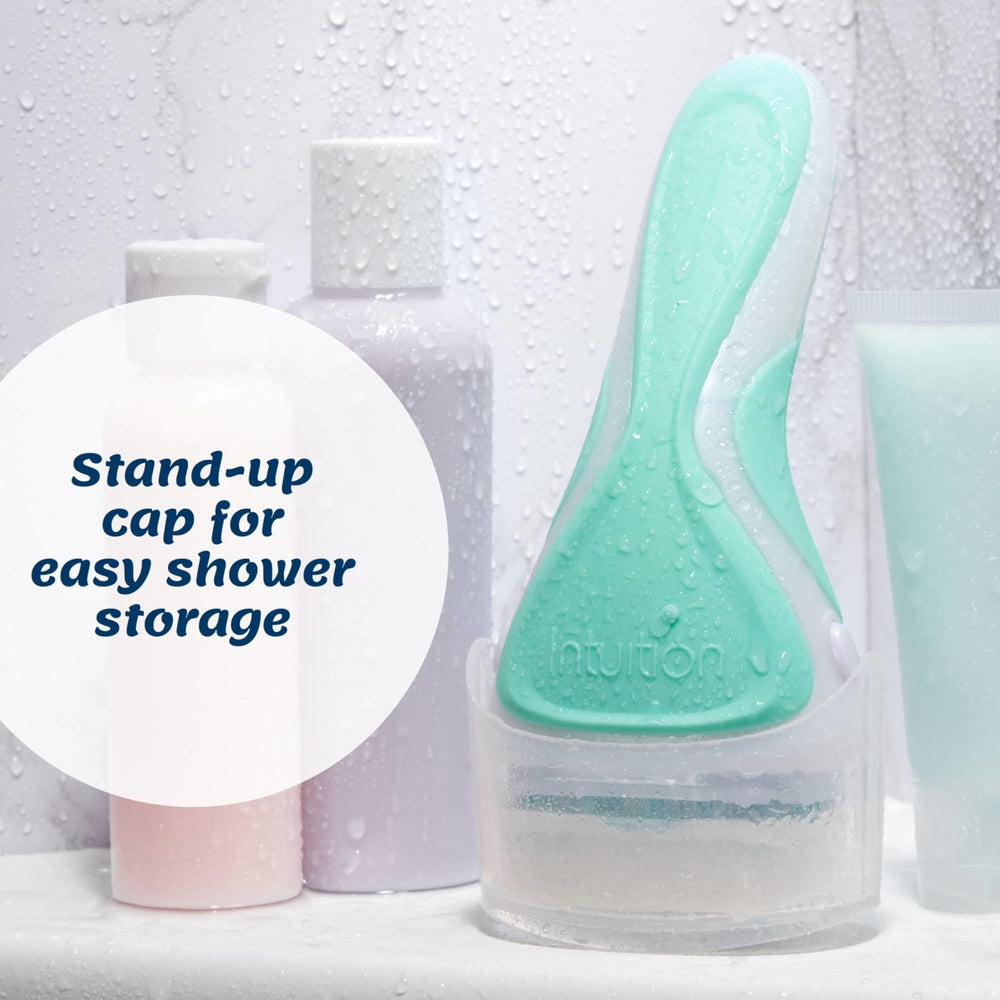Schick Intuition ergonomic sure-grip handle offers stable control when shaving.