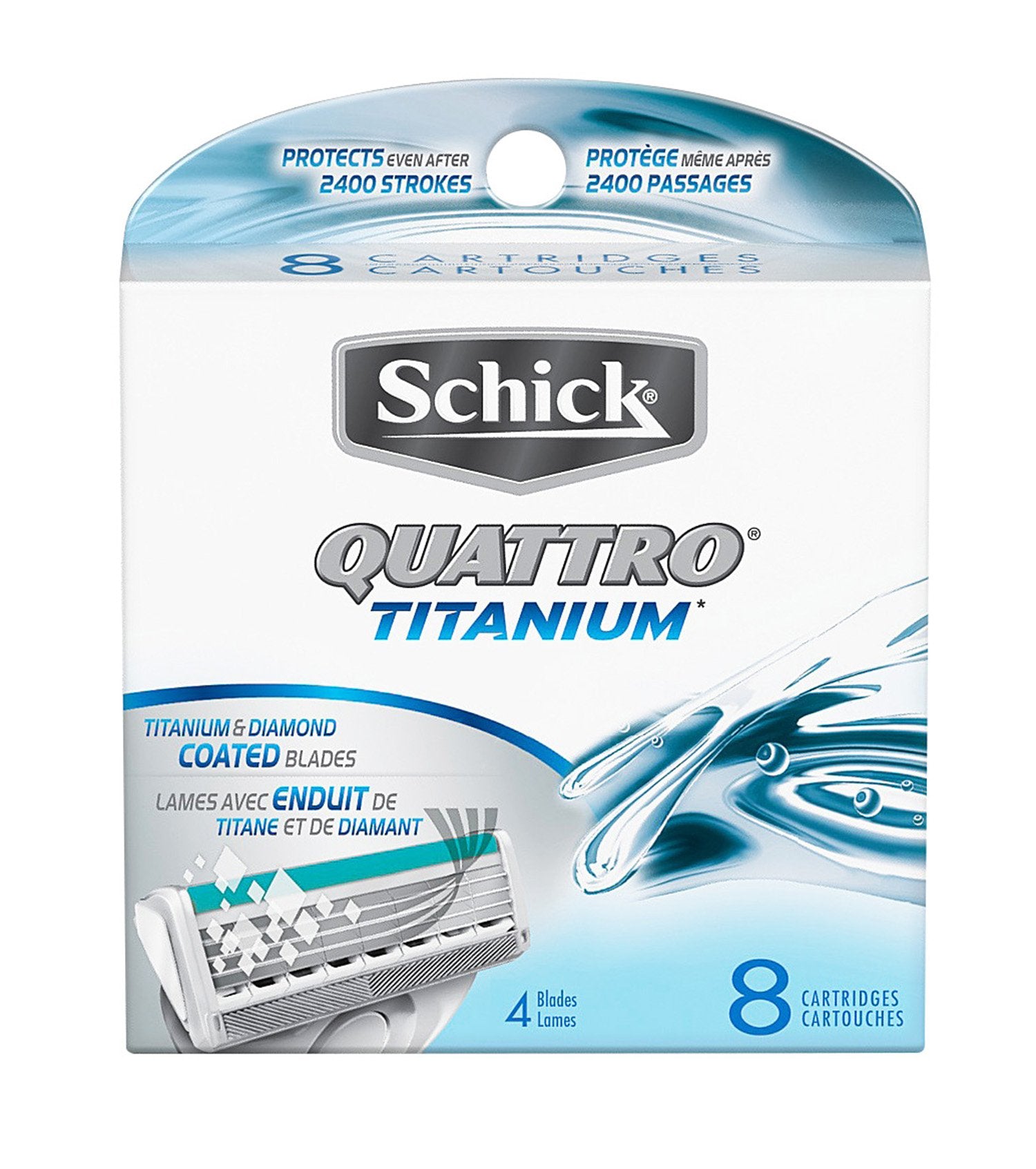 Schick Quattro titanium blades closeup for a smoother shave.