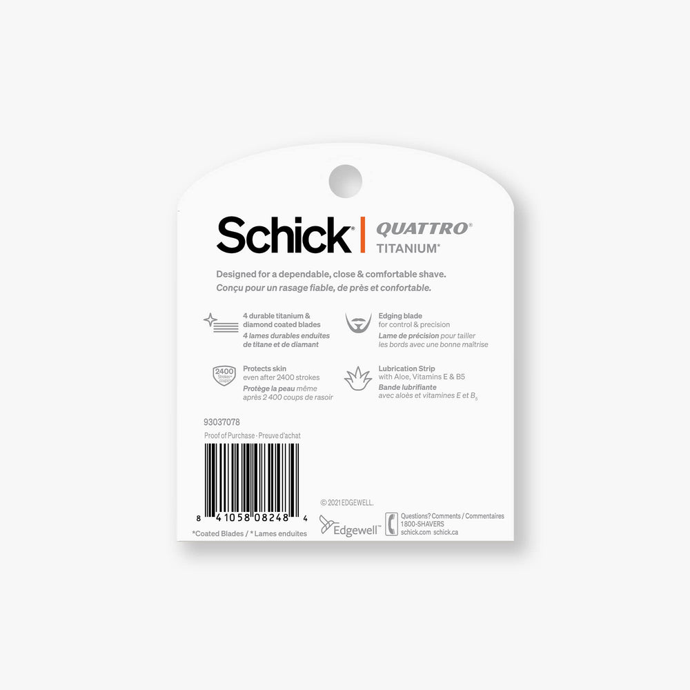 Schick Quattro titanium blades close-up, four blades for thorough coverage.