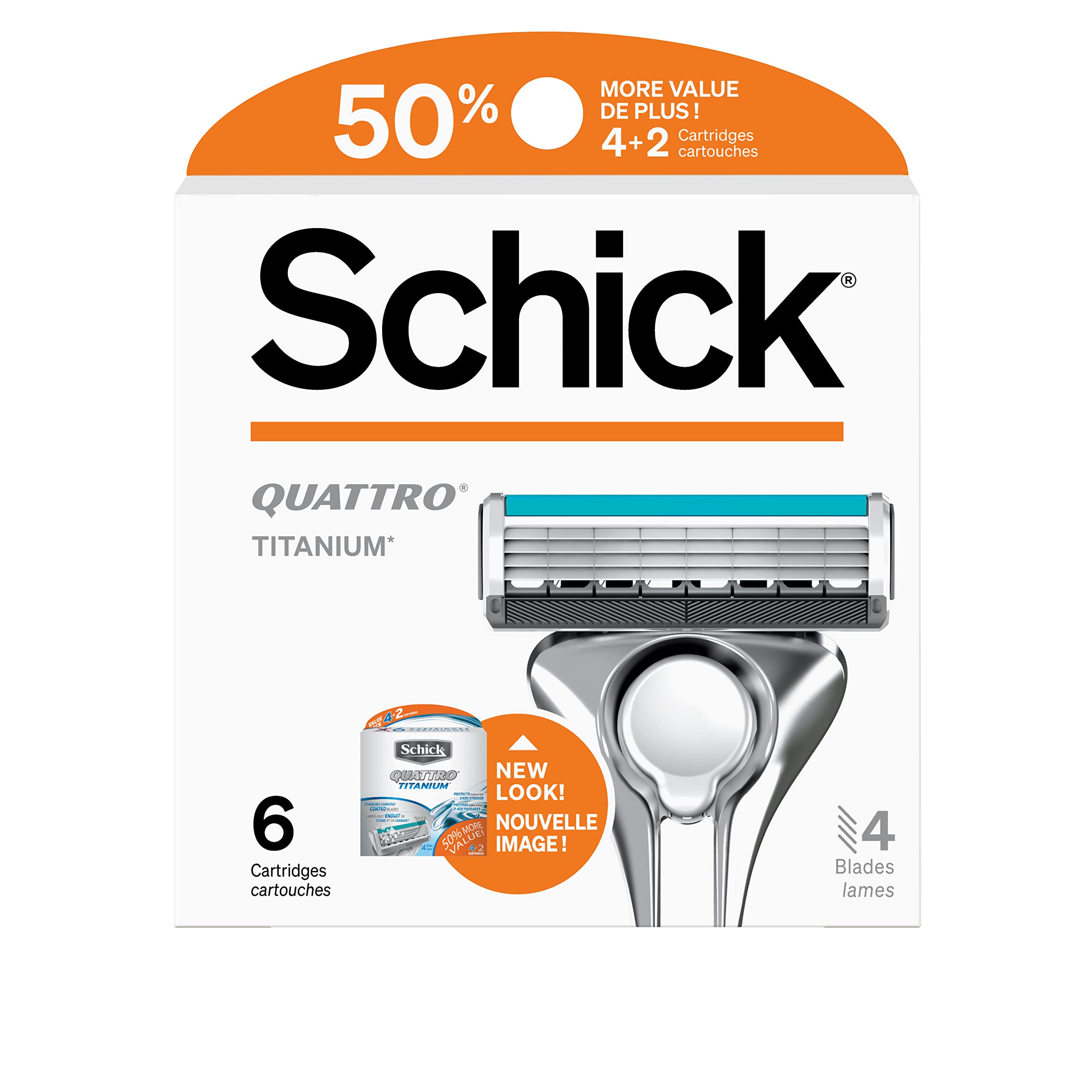 Schick Quattro Titanium refill, front view, four blades deliver a consistent, close shave.