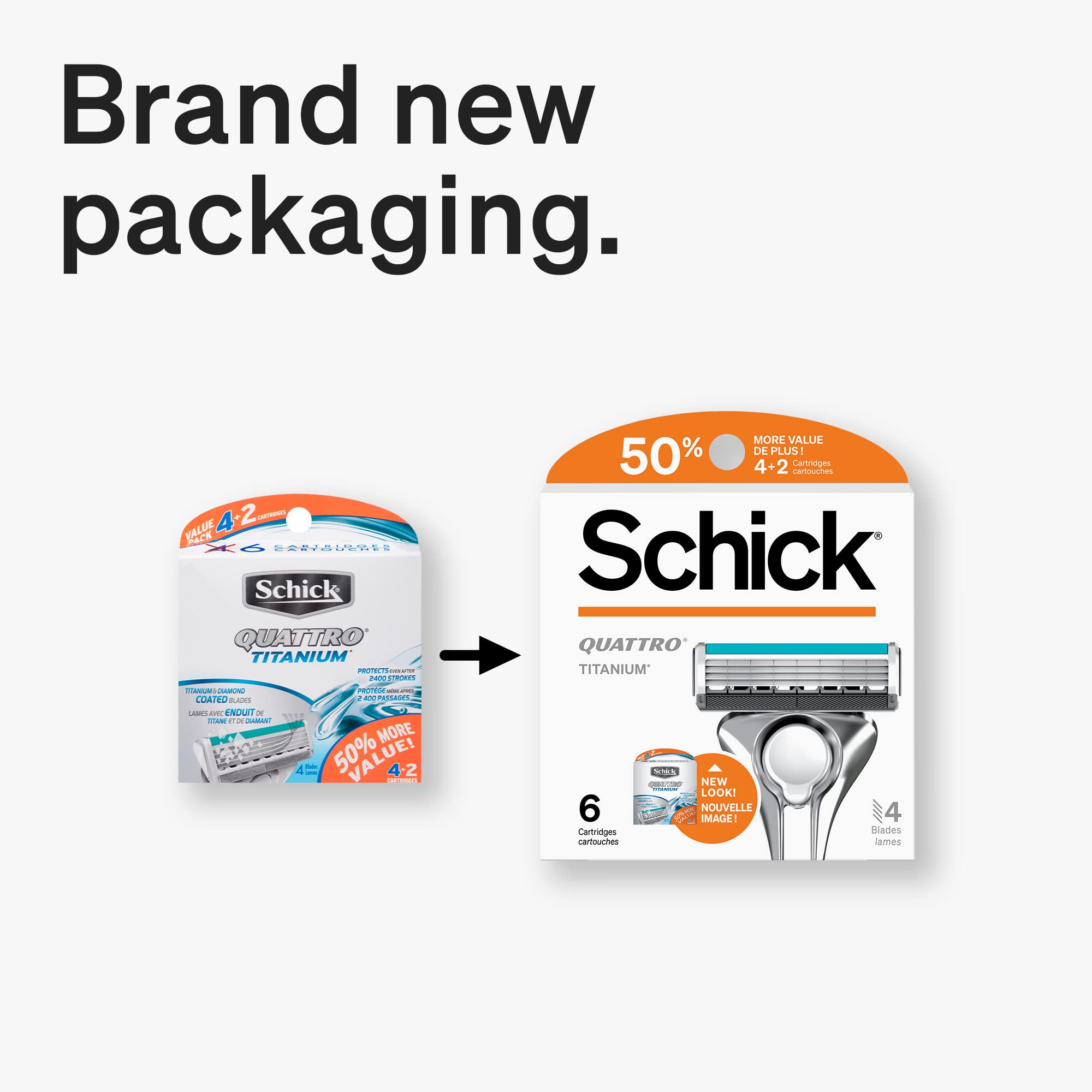 Schick Quattro Titanium refill, pack closeup, highlighting a value six-pack for economical grooming.