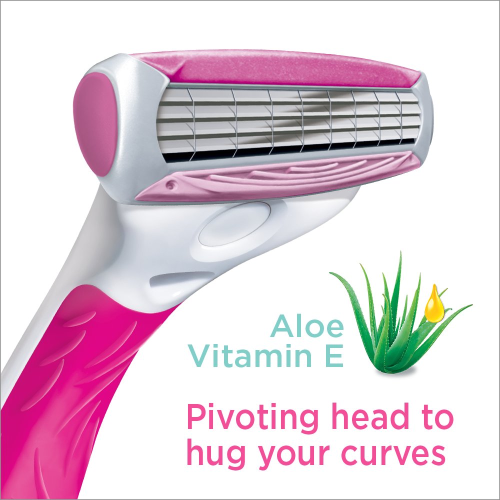 Schick Quattro Womens refill showing pivoting head and easy-grip rubber handle for smooth shaving.