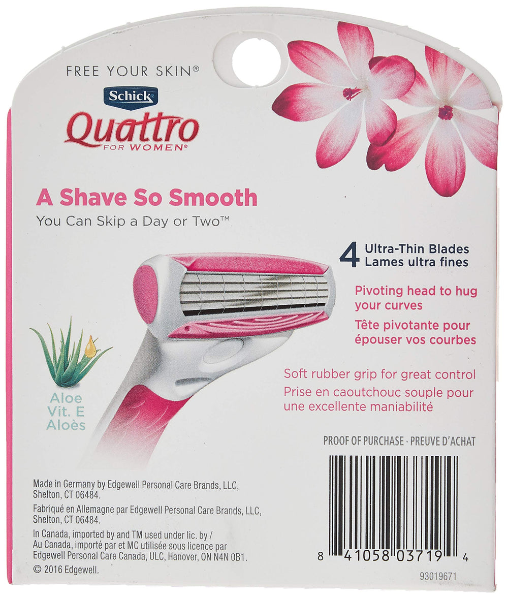 Schick Quattro refill shows lubricating strip with aloe and vitamin E for smoother glide