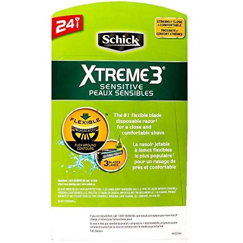 Schick Xtreme 3 Sensitive razor blade exposure highlights 3-blade system for close shaves.