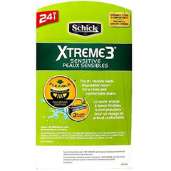 Schick Xtreme 3 Sensitive razor blade exposure highlights 3-blade system for close shaves.