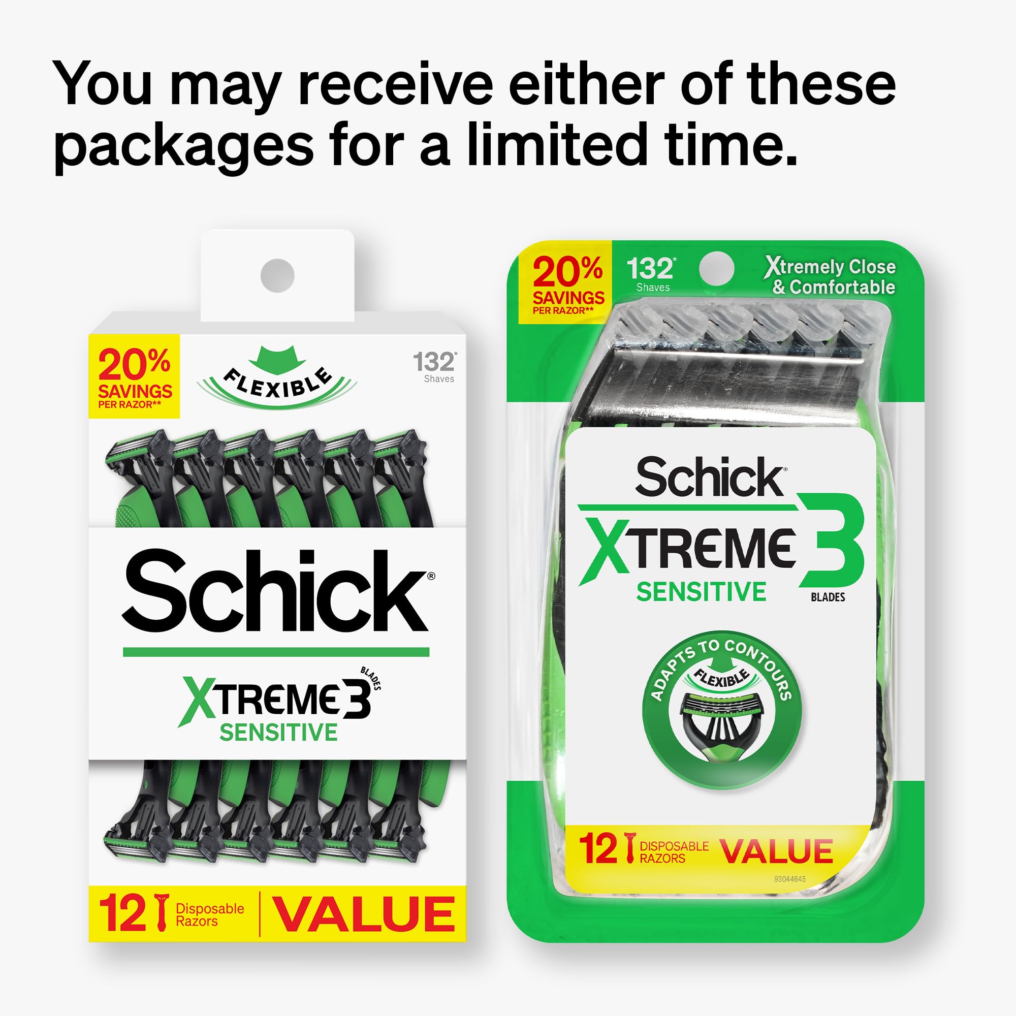Schick Xtreme3 Sensitive razor head curved for contour adherence.