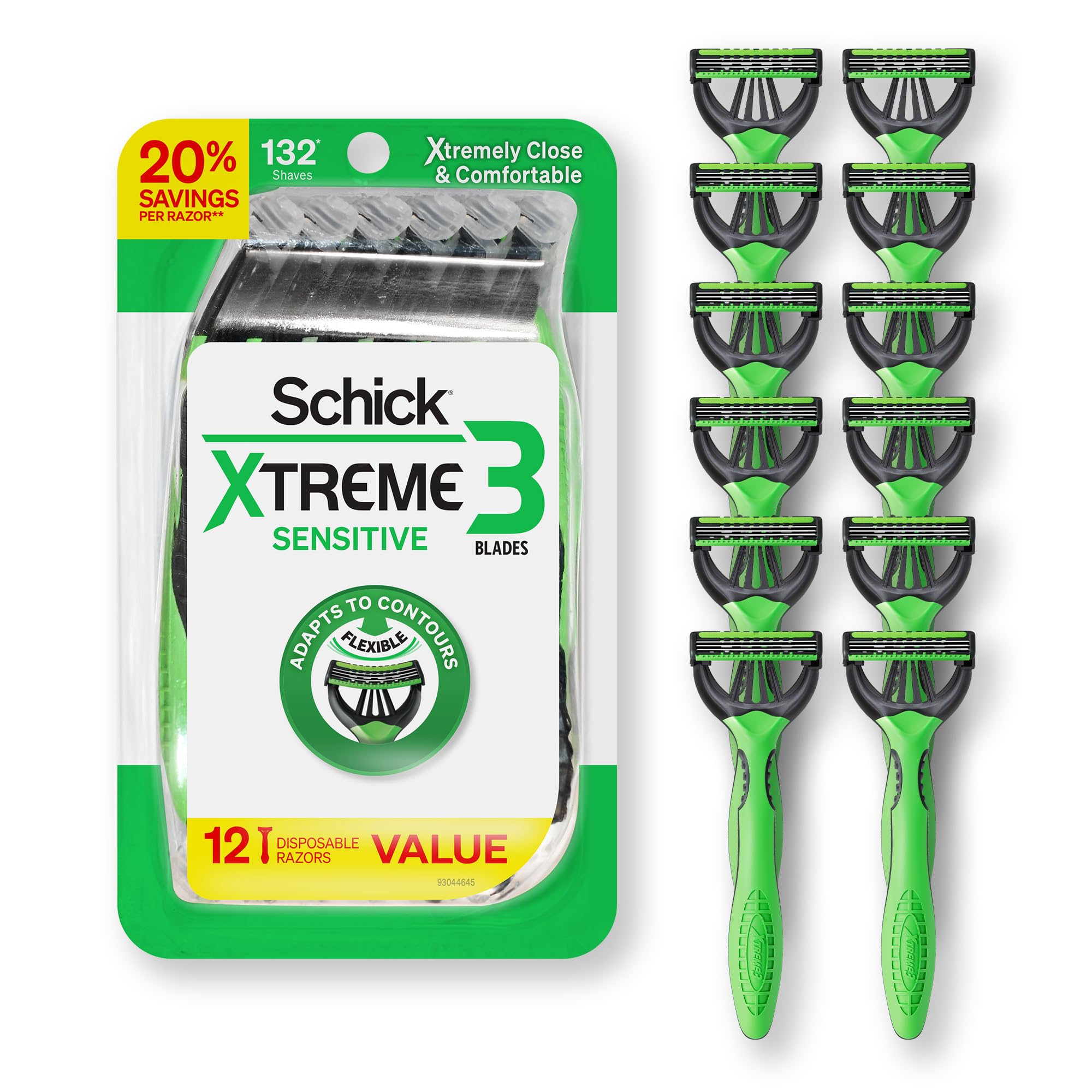 Schick Xtreme3 Sensitive razor packaging highlights portability and a 12-count set.
