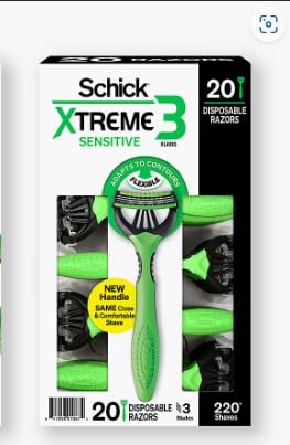 Schick Xtreme3 sensitive-skin razor close-up shows flexible blades for a smooth, close shave.