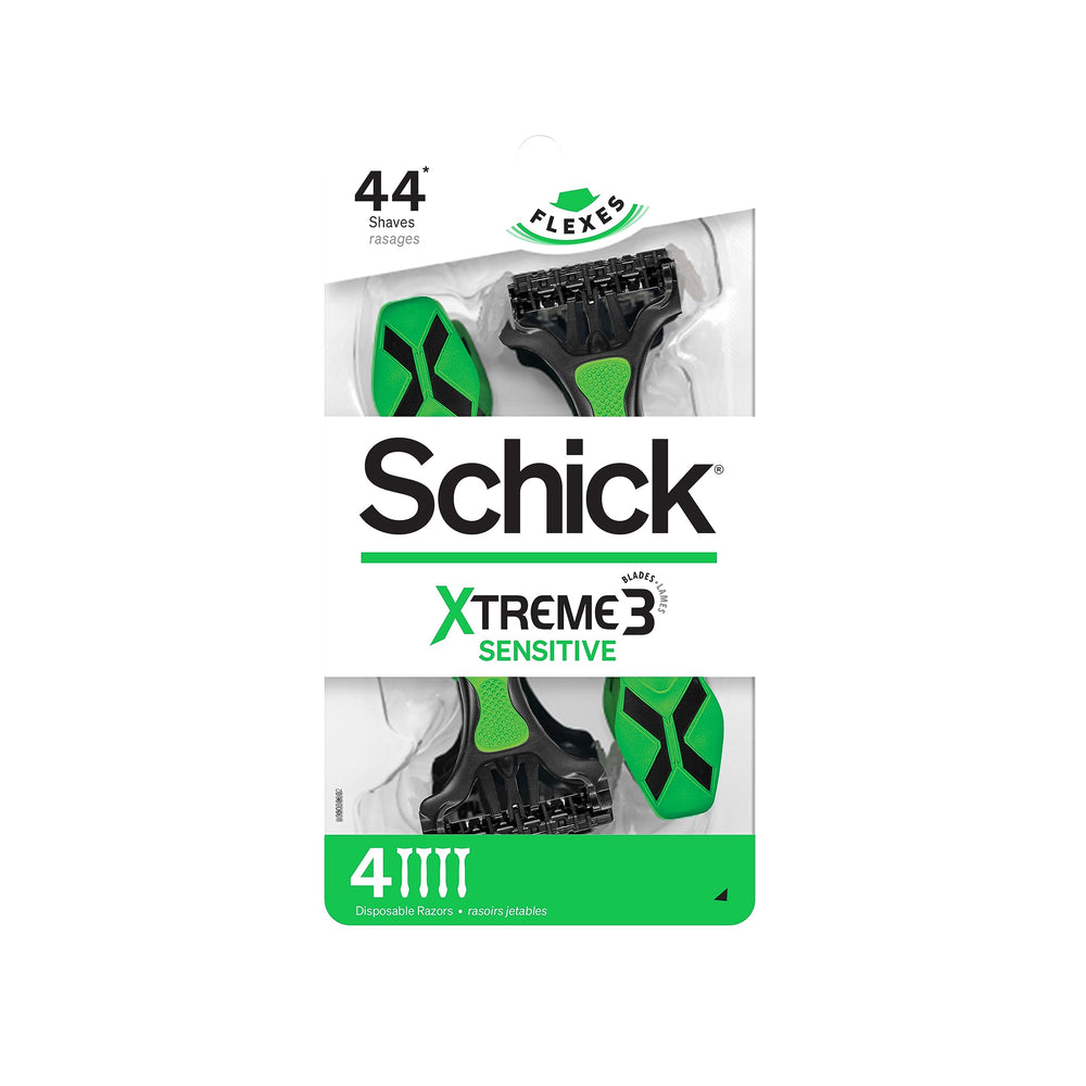 Schick Xtreme3 sensitive-skin razor close-up highlighting Aloe and comfortable shave.
