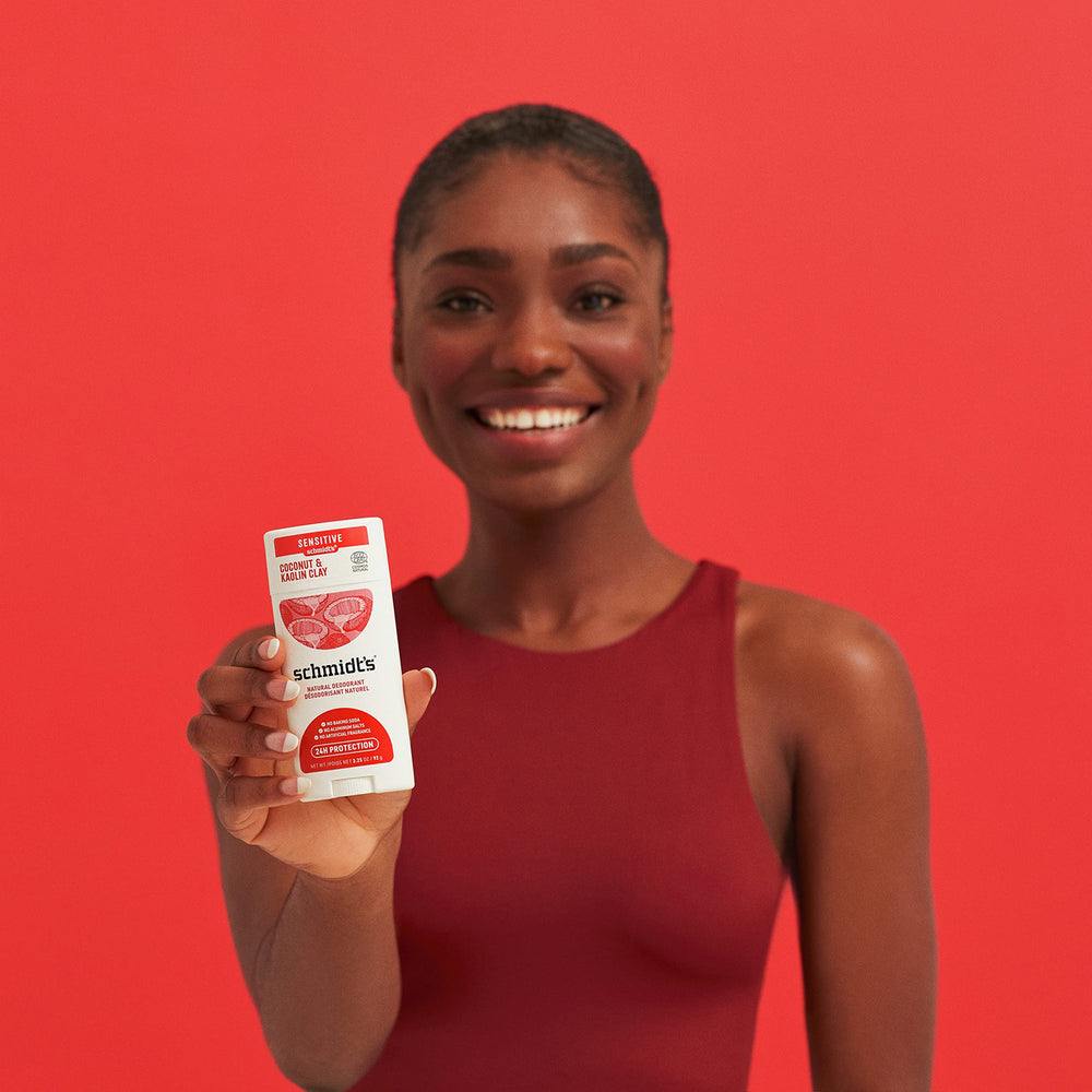 Schmidt's deodorant application underarms demonstrates 1-2 swipe usage.