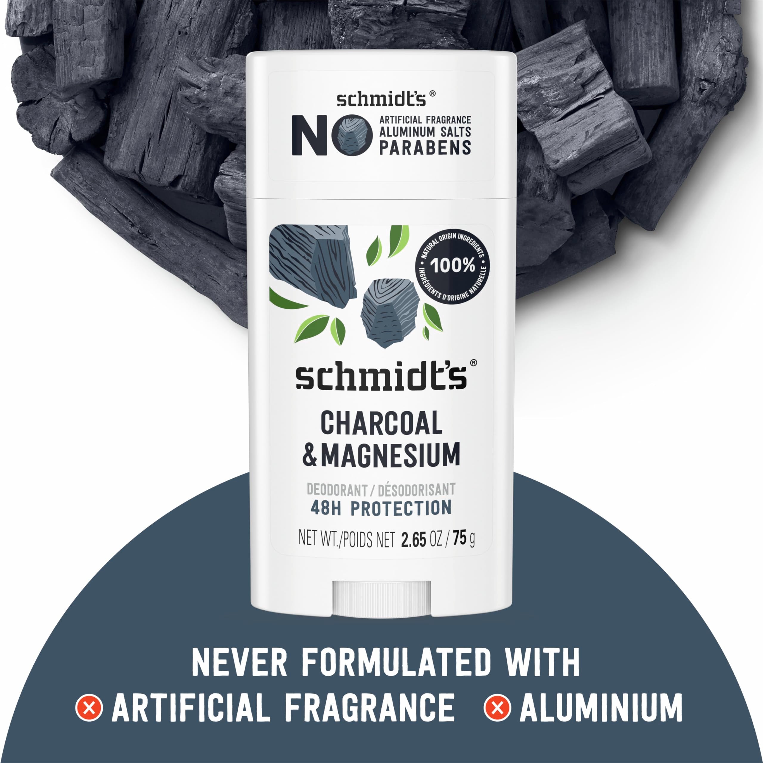 Schmidt's earthy fragrance closeup highlights plant-based scent notes of tea tree, jasmine, lavender.
