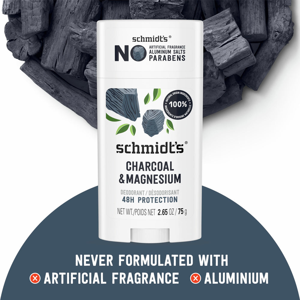 Schmidt's earthy fragrance closeup highlights plant-based scent notes of tea tree, jasmine, lavender.
