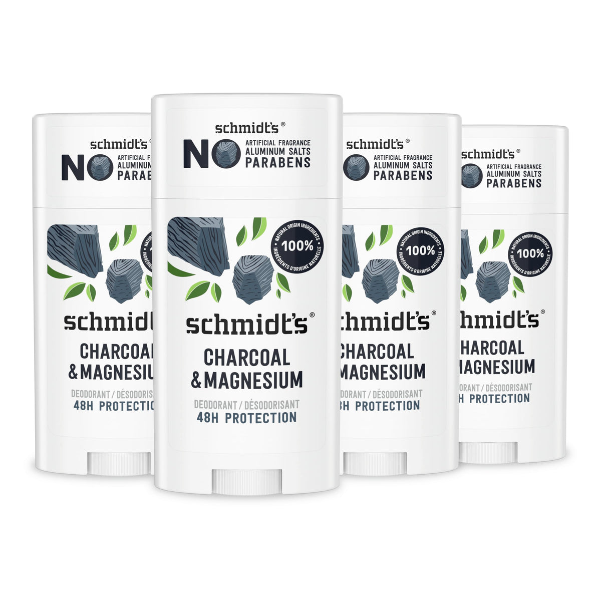 Schmidt's Charcoal & Magnesium deodorant stick closeup highlighting aluminum-free formula for daily freshness.