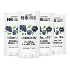 Schmidt's Charcoal & Magnesium deodorant stick closeup highlighting aluminum-free formula for daily freshness.