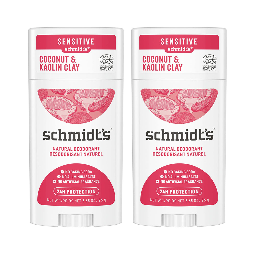 Schmidt's Coconut & Kaolin 2-pack packaging highlights aluminum-free protection for daily use.