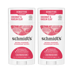 Schmidt's Coconut & Kaolin 2-pack packaging highlights aluminum-free protection for daily use.