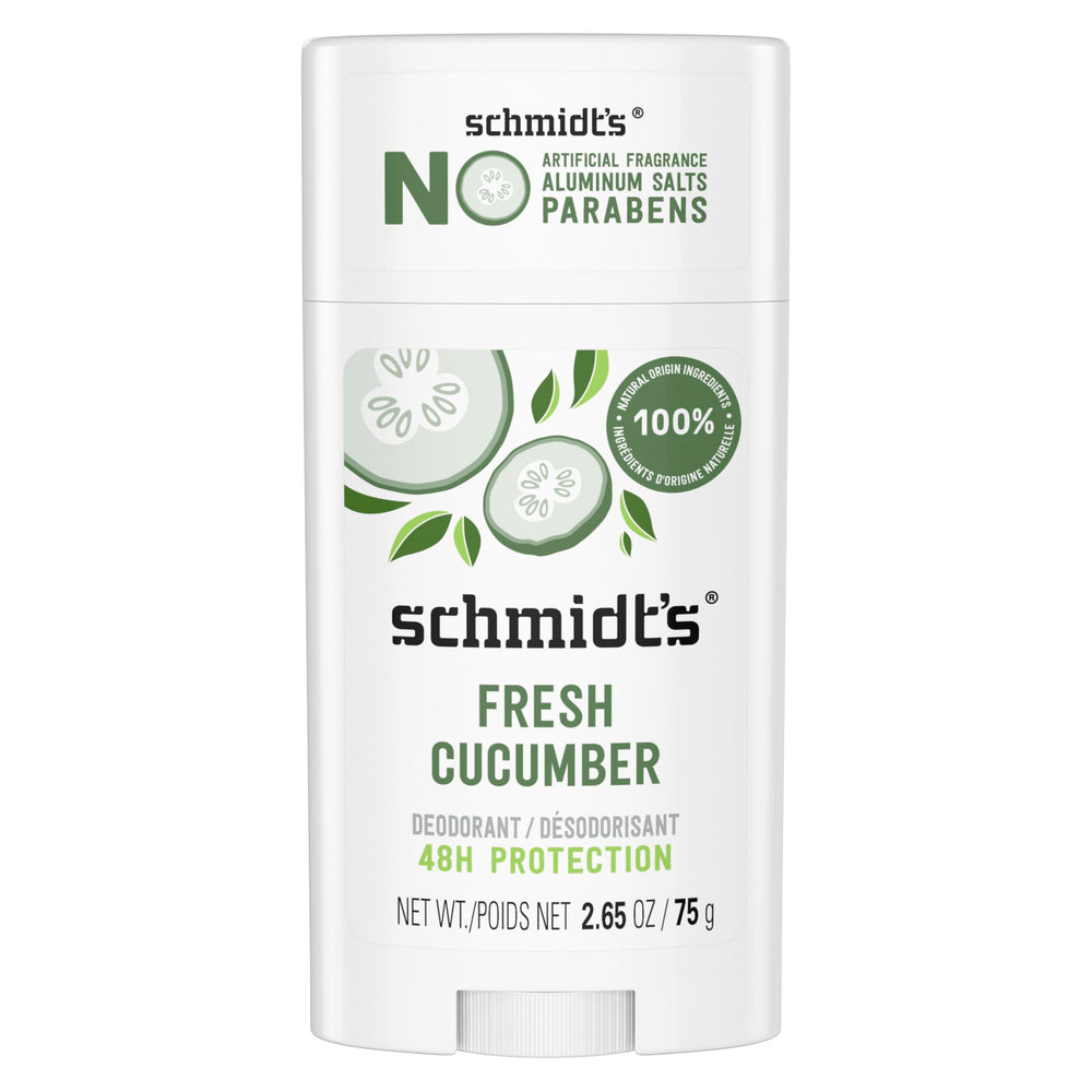 Schmidt's Fresh Cucumber deodorant bottle showing aluminum-free formula for daily freshness