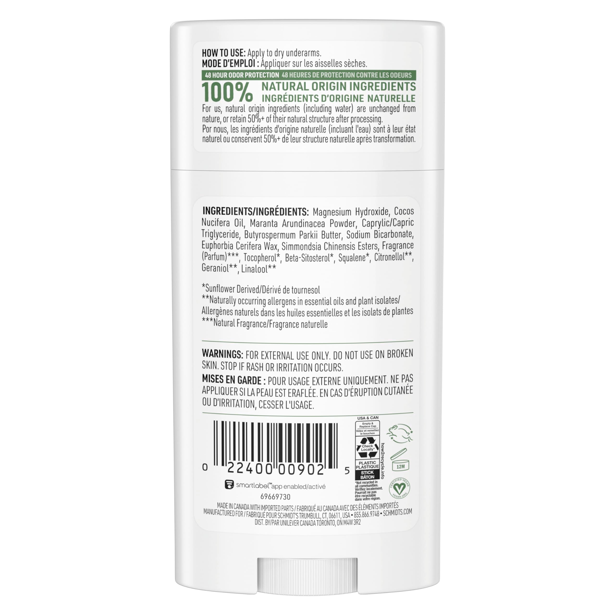 Schmidt's Fresh Cucumber deodorant stick being applied for odor protection