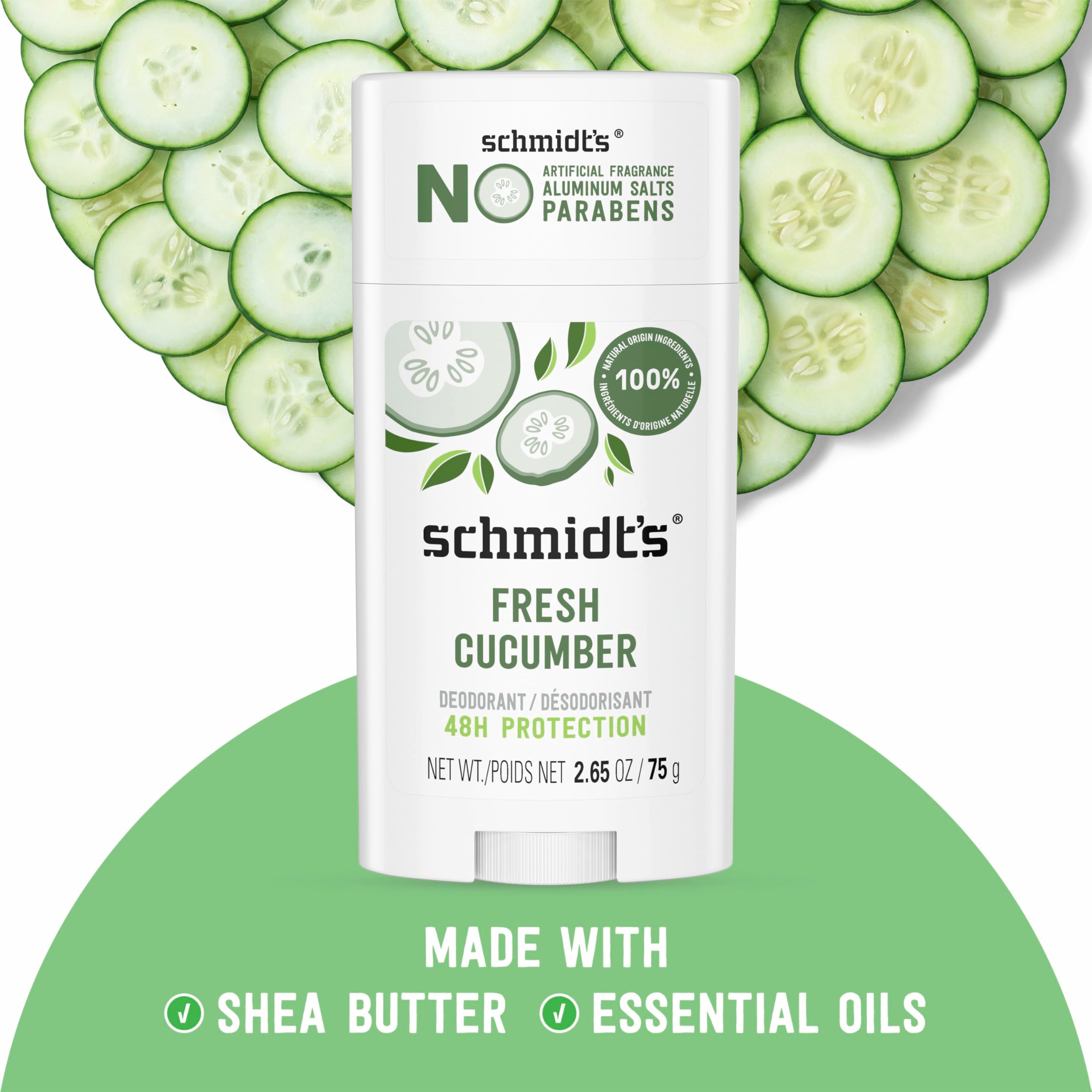 Non-greasy Schmidt's Fresh Cucumber formula gentle on underarms