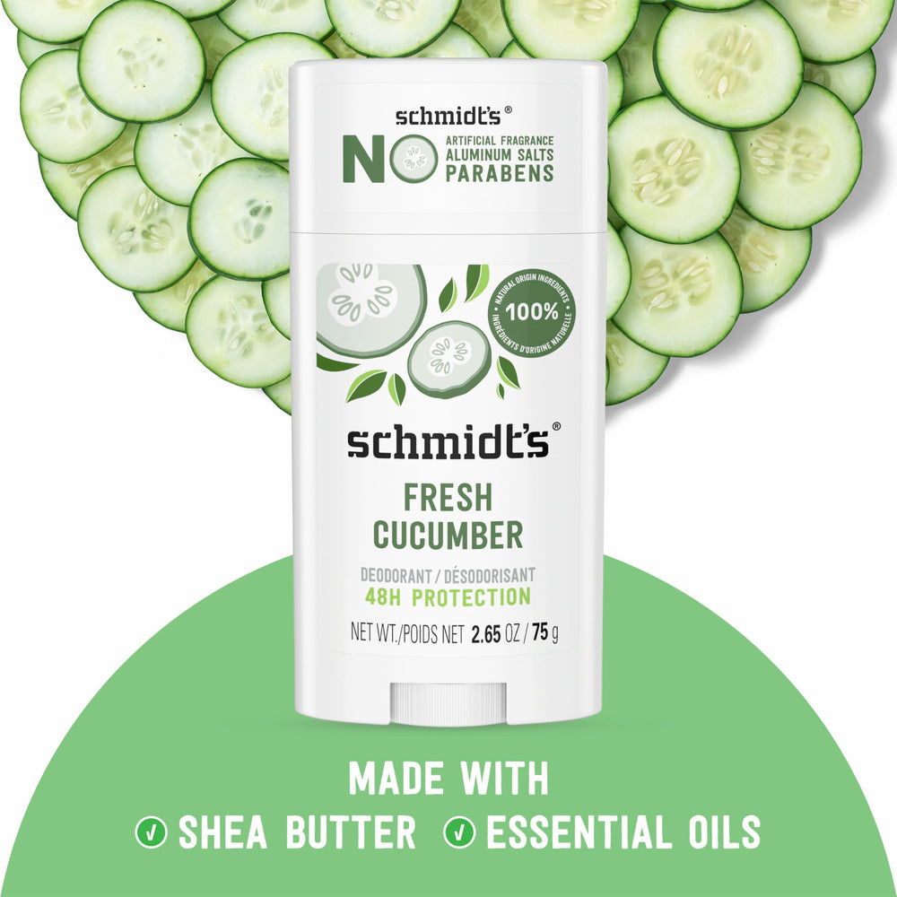 Non-greasy Schmidt's Fresh Cucumber formula gentle on underarms