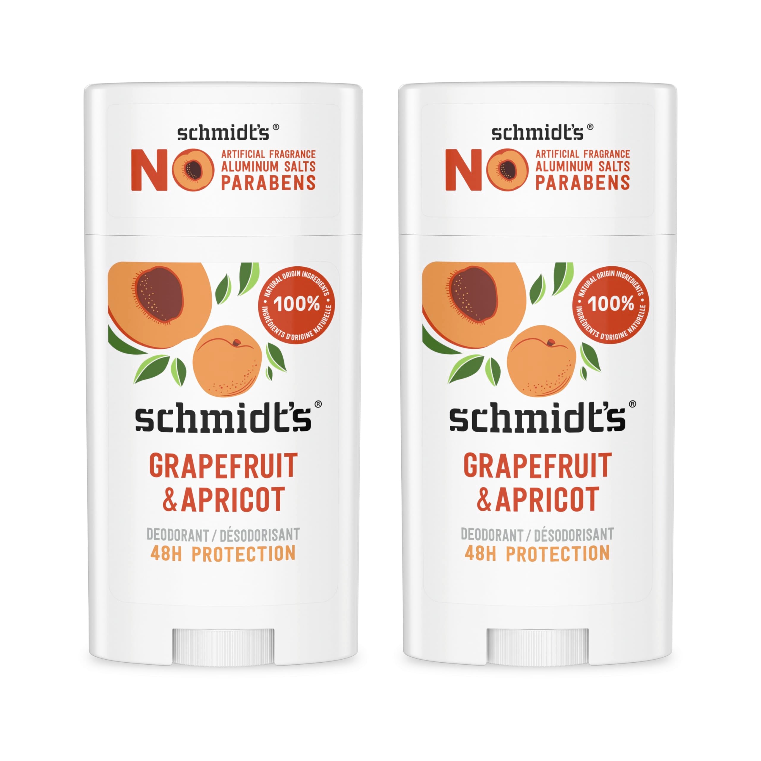 Schmidt's Grapefruit Apricot deodorant front view with refreshing citrus scent.