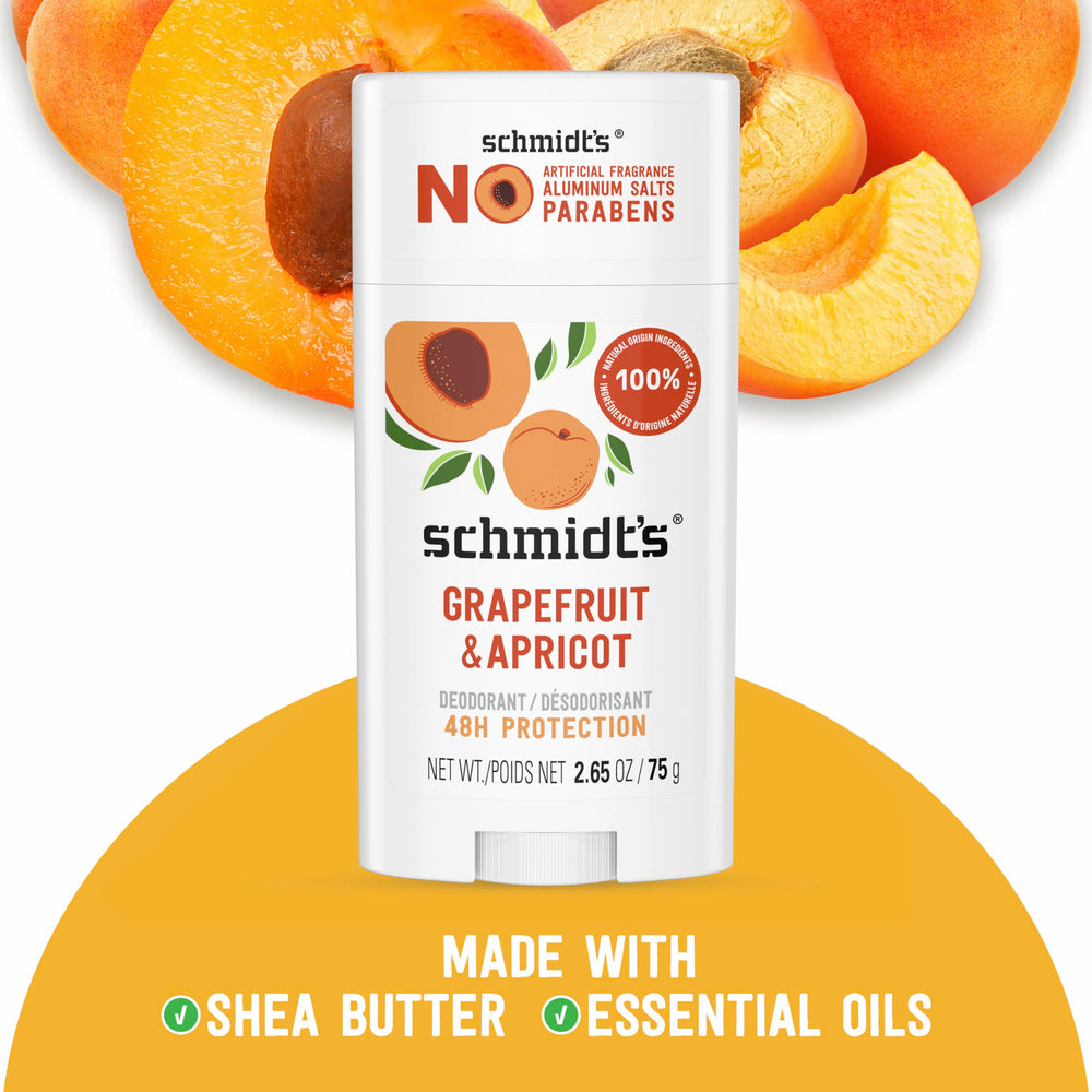 Schmidt's Grapefruit Apricot deodorant ingredients highlight magnesium and plant-based oils.