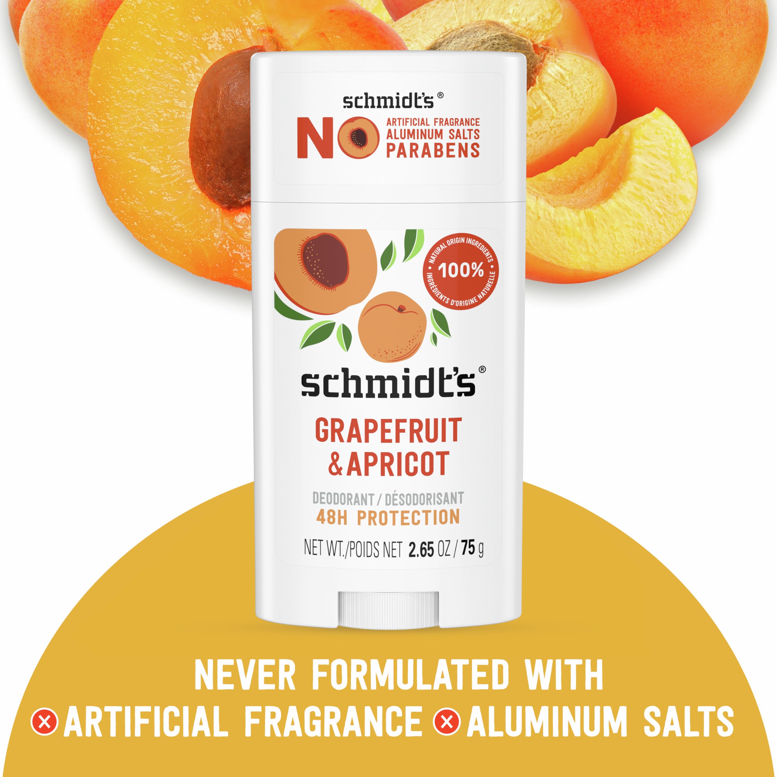 Schmidt's Grapefruit Apricot deodorant stick close-up reveals smooth non-greasy texture.