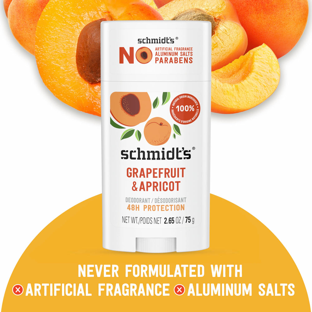 Schmidt's Grapefruit Apricot deodorant stick close-up reveals smooth non-greasy texture.