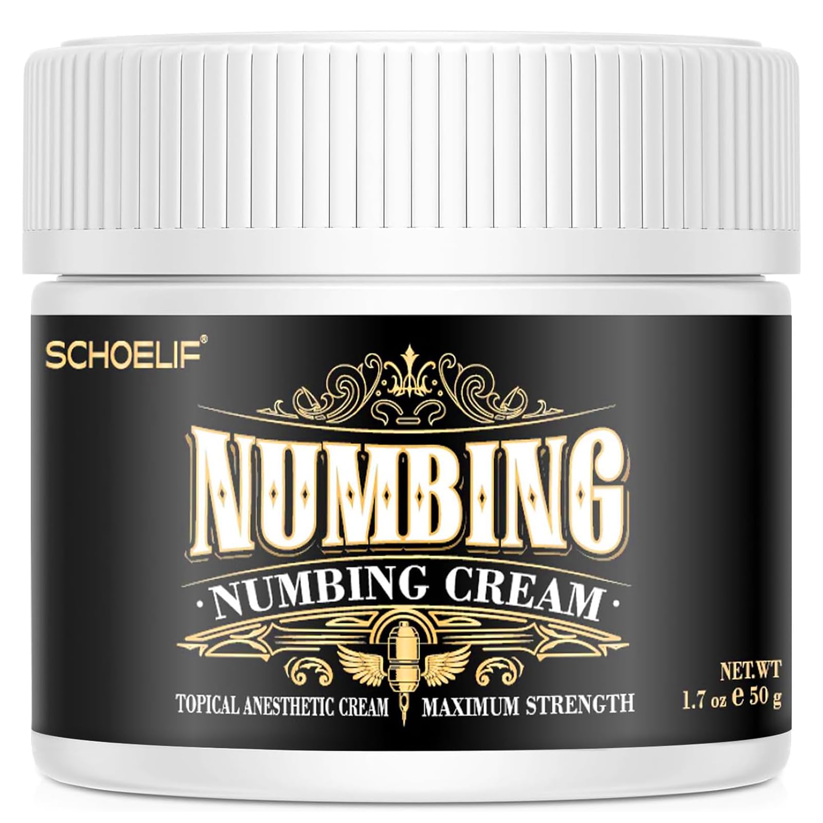 SCHOELIF Extra Strength Numbing Cream tube closeup showing fast relief.