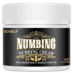 SCHOELIF Extra Strength Numbing Cream tube closeup showing fast relief.