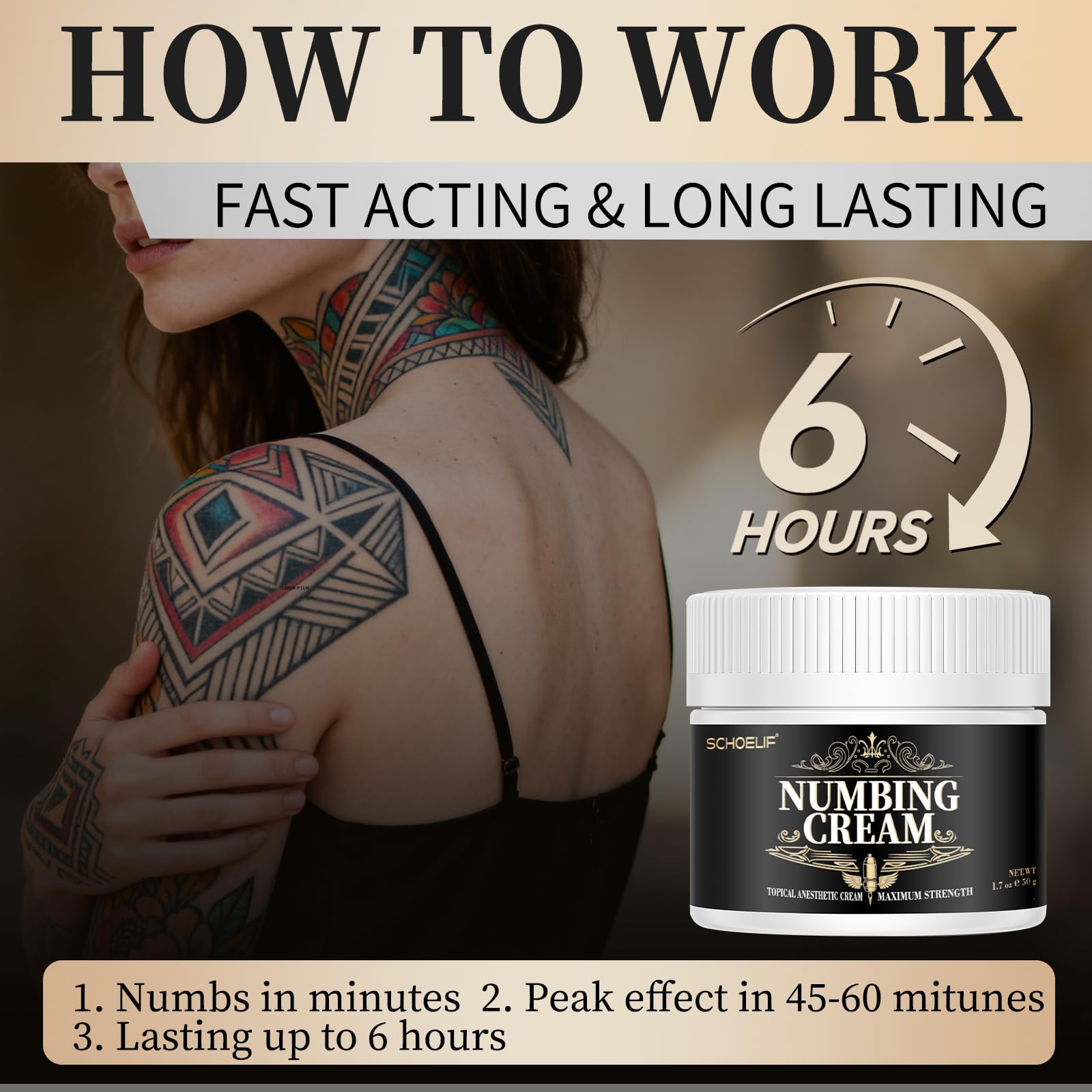 SCHOELIF fast-acting numbing cream on skin with 10-minute onset.