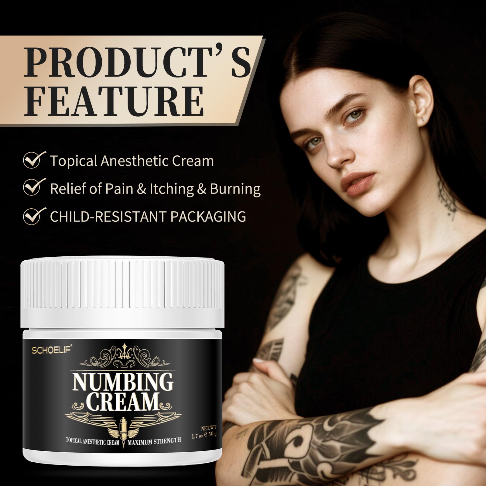 SCHOELIF Numbing Cream application swatch demonstrates quick-absorb formula for sensitive skin.