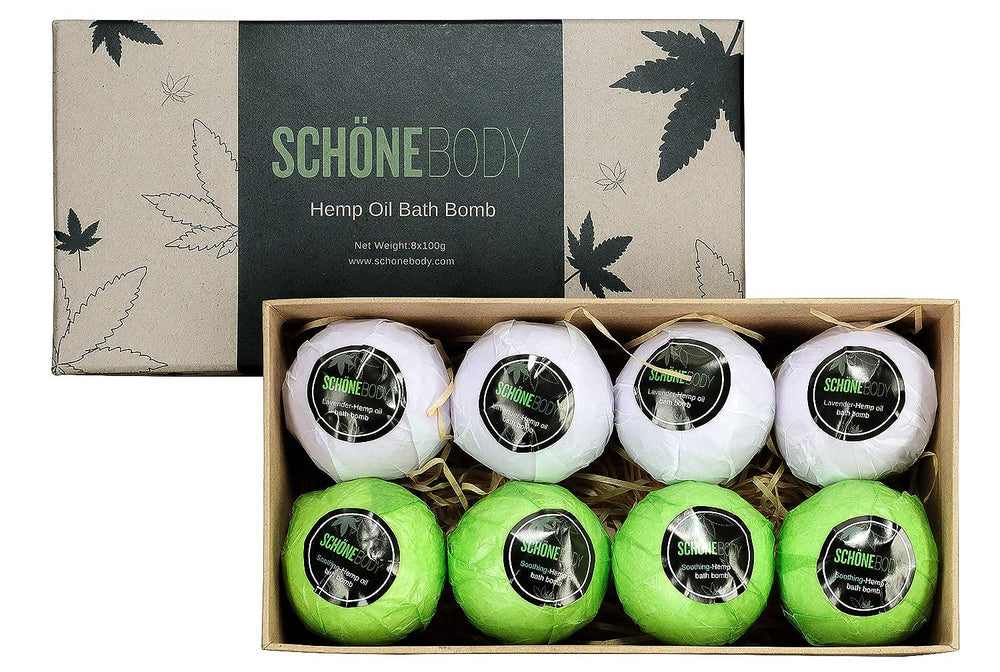 Schone Body 8-pack hemp bath bombs lavender-mint closeup for relaxation and spa ambiance.