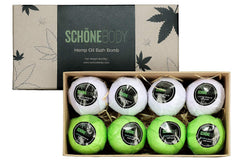 Schone Body 8-pack hemp bath bombs lavender-mint closeup for relaxation and spa ambiance.