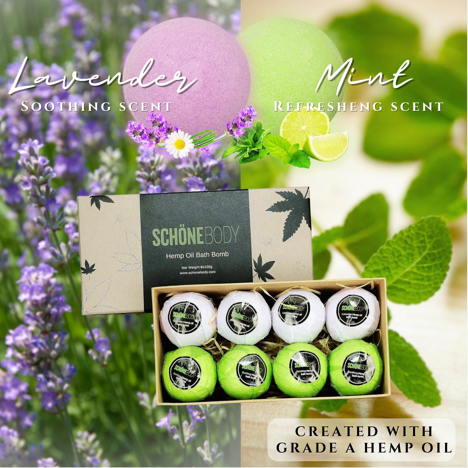 Schone Body lavender flowers with bath bomb closeup showing calming scent.