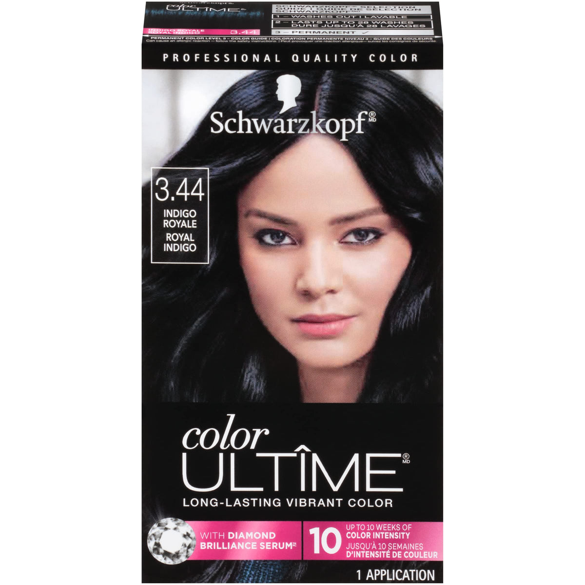 Schwarzkopf Color Ultime Indigo Royale kit shows easy at-home color application for vibrant, glossy results.