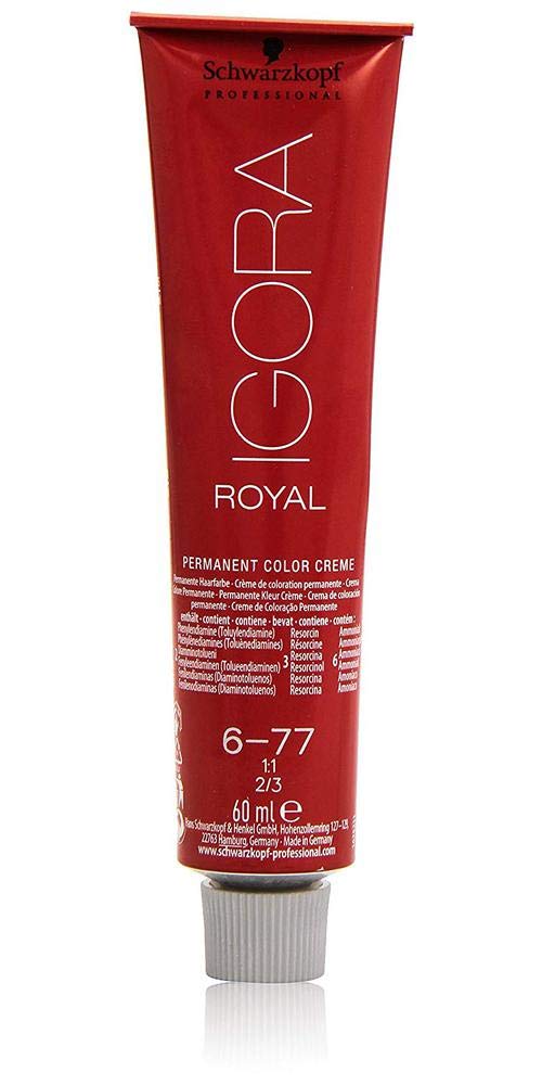 Schwarzkopf Igora Royal 6-77 color swatches on hair showcase copper tone.