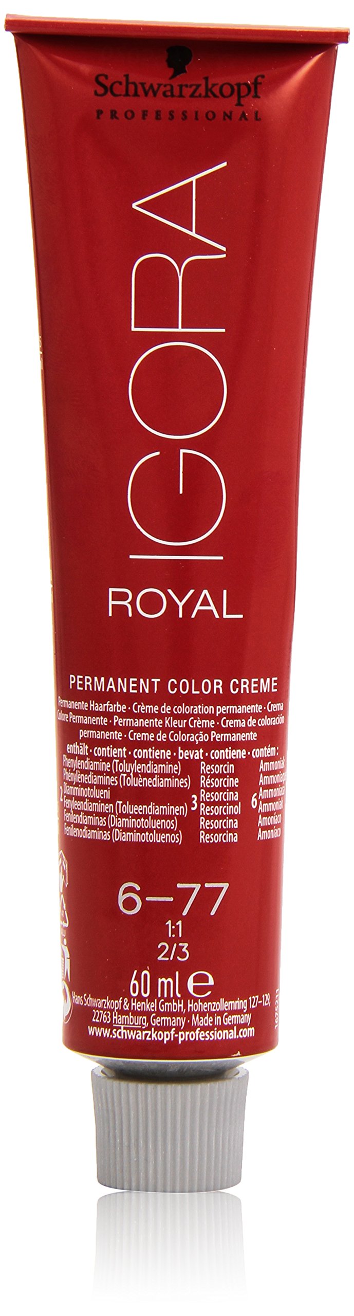 Schwarzkopf Igora Royal 6-77 tube close-up for precise copper-toned color application.