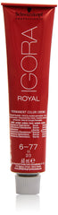 Schwarzkopf Igora Royal 6-77 tube close-up for precise copper-toned color application.