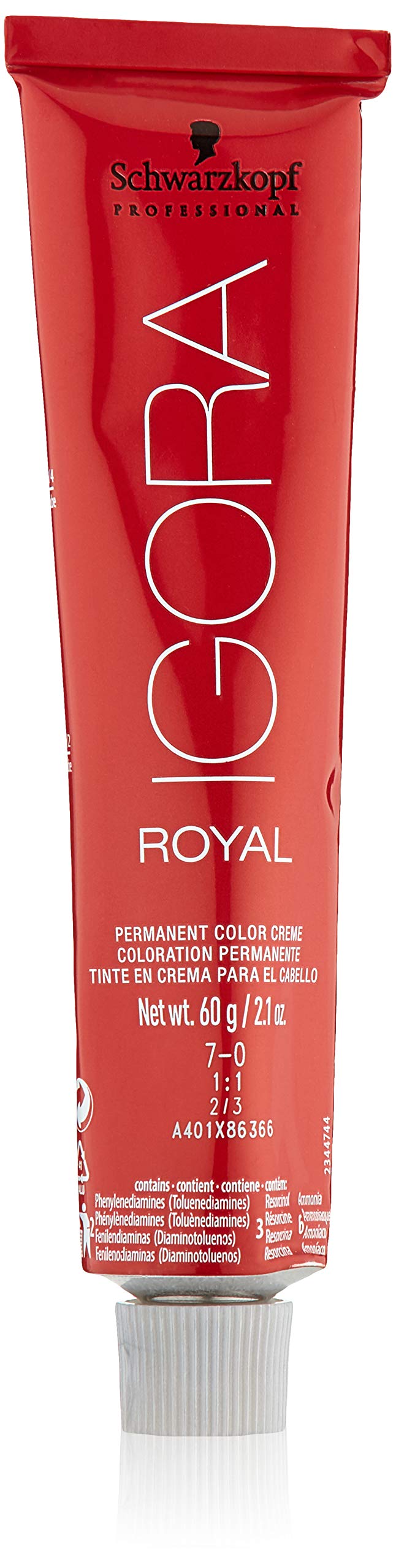 Schwarzkopf Igora Royal 7-0 bottle demonstrates precise medium blonde color formulation for even results.
