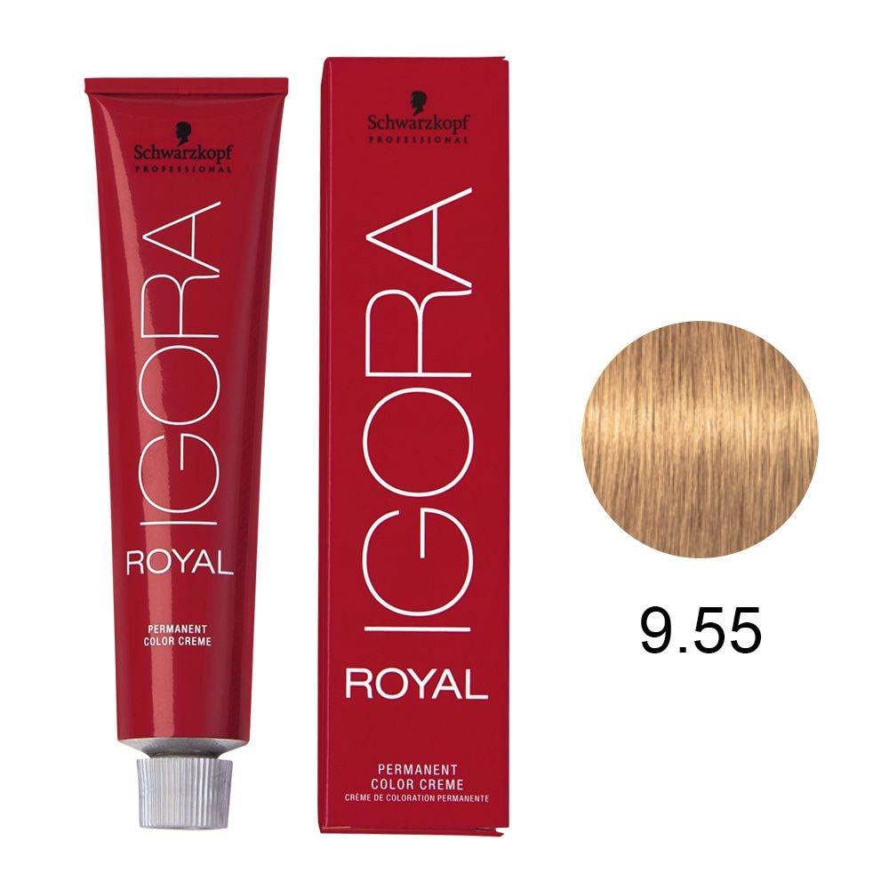 Schwarzkopf Igora Royal 9-55 color swatches showcase extra-light gold blonde possibilities.