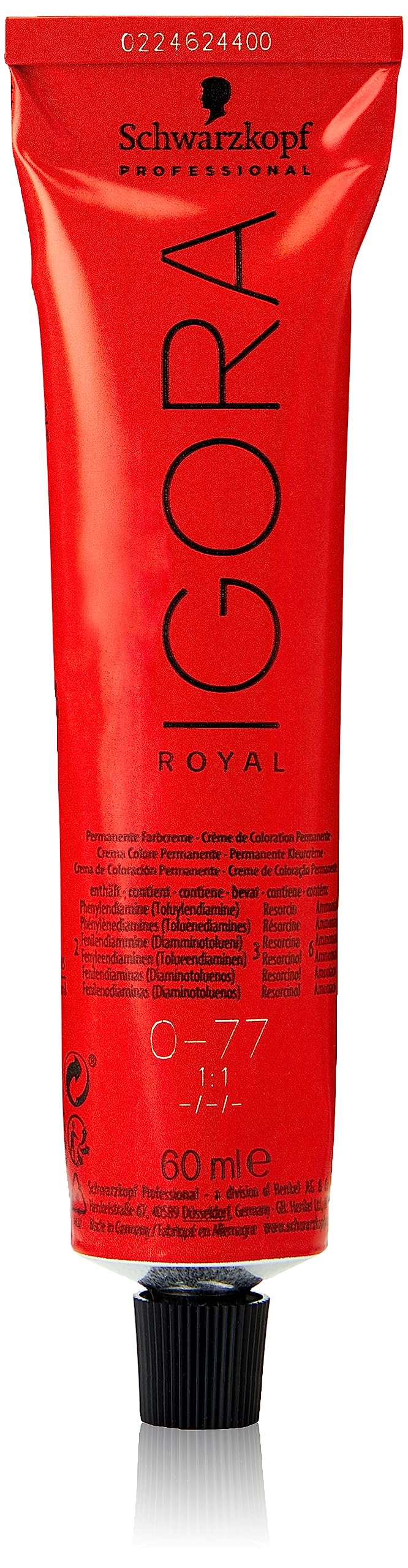 Schwarzkopf IGORA Royal color creme 0-77 bottle close-up for vibrant permanent color