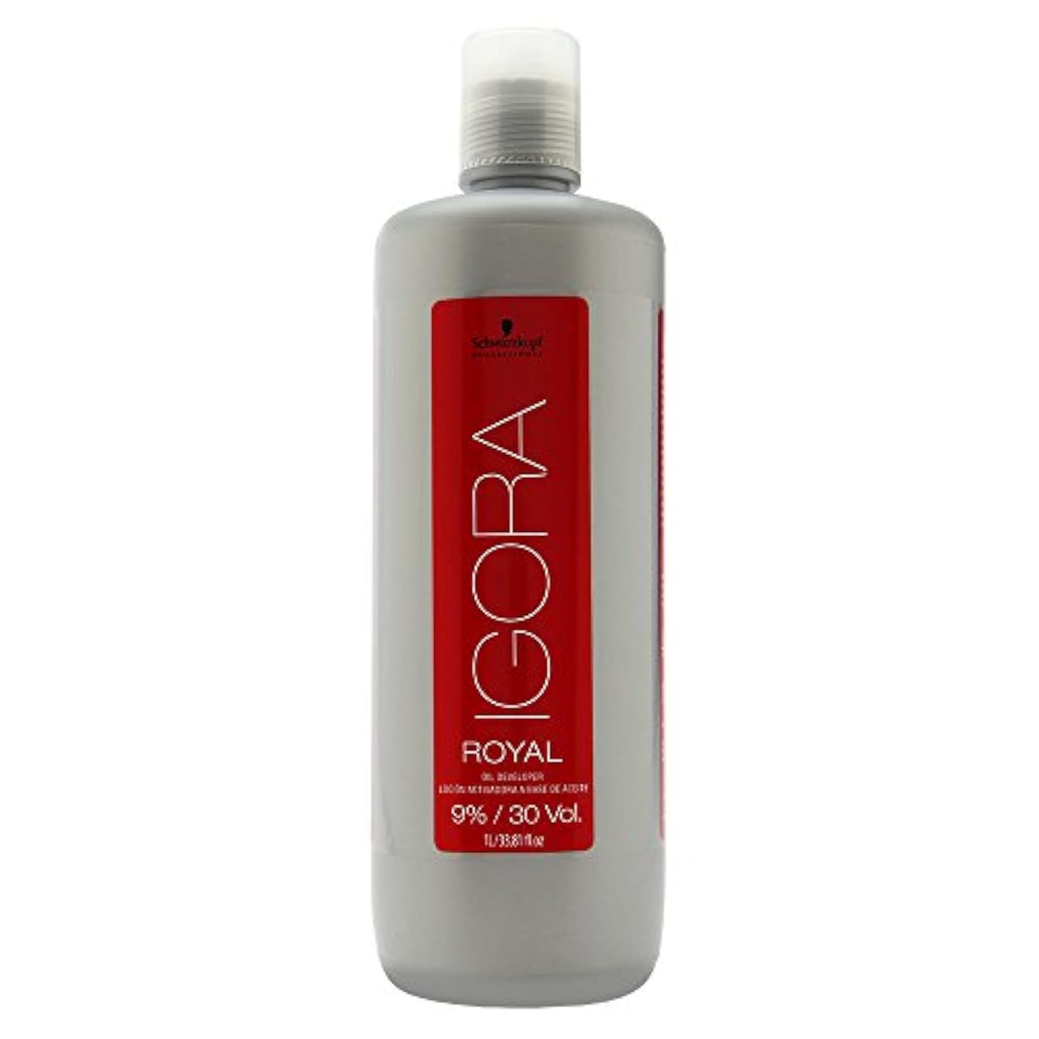 Schwarzkopf Igora Royal Developer 30 vol bottle showing even color lift potential.