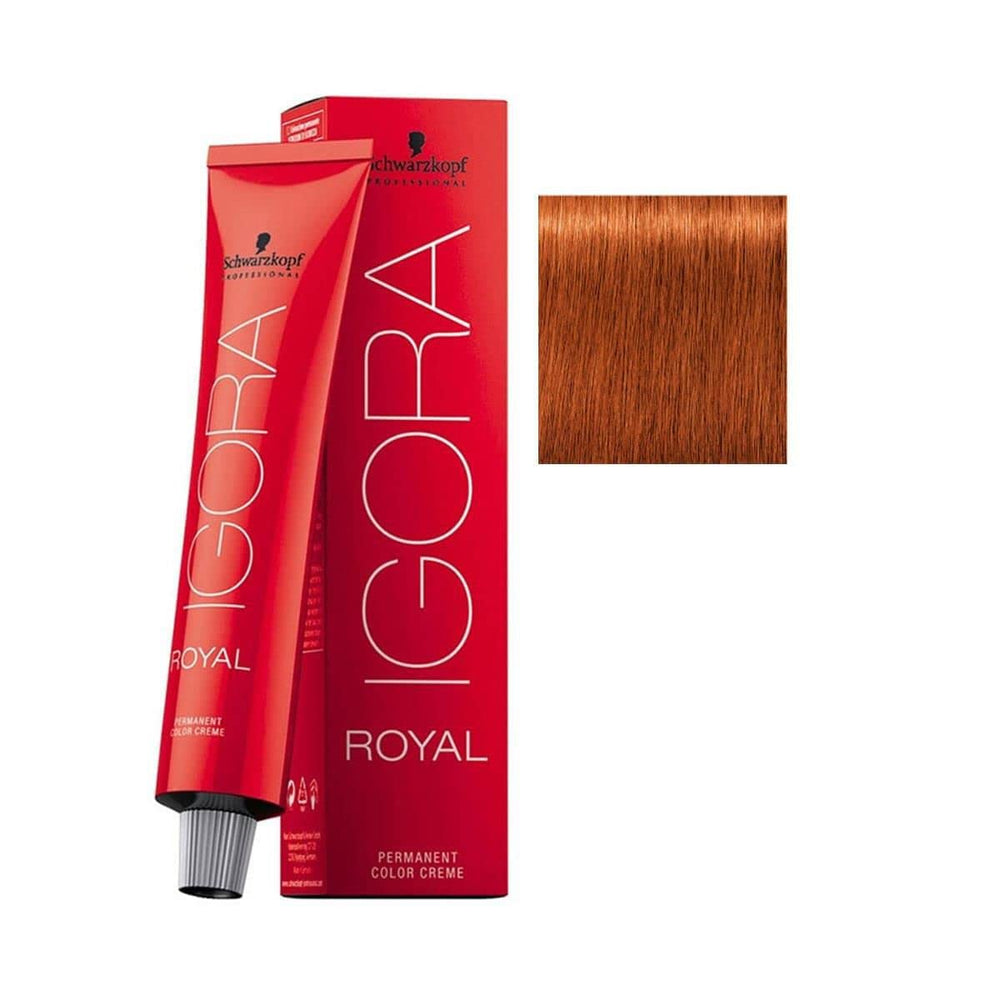 Schwarzkopf Igora Royal hair color creme 7-77 bottle for long-lasting copper blonde salon-grade results.