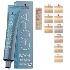 Schwarzkopf Igora Royal Highlift color crème palette showing cool blonde shade mix.