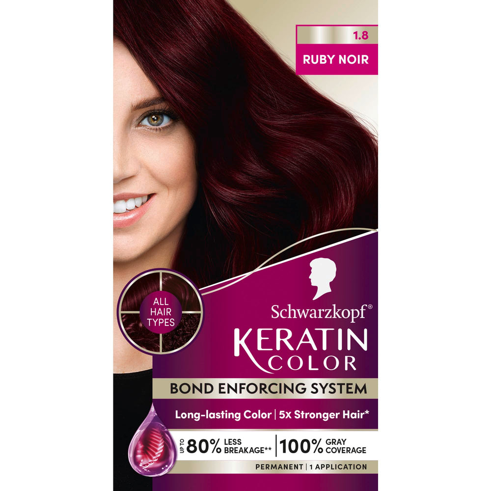 Schwarzkopf Keratin Color Ruby Noir bottle showing vibrant shade and long-lasting coverage