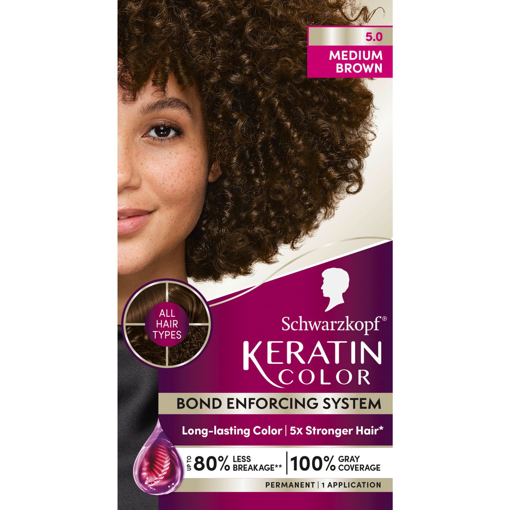 Schwarzkopf Keratin Color box contents for at-home permanent dye with gray coverage potential.