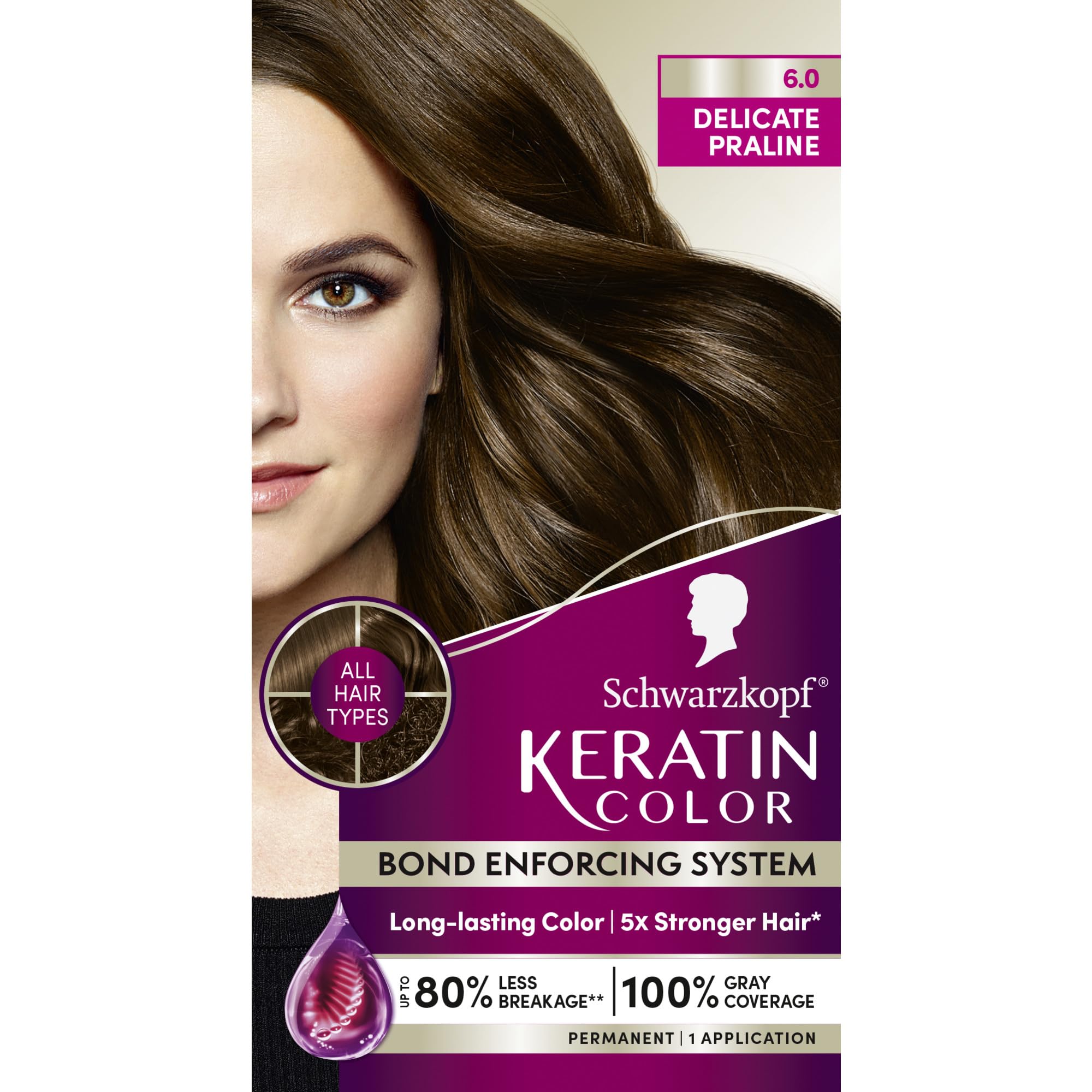 Schwarzkopf Keratin Color box showing 6.0 Delicate Praline for at-home color.