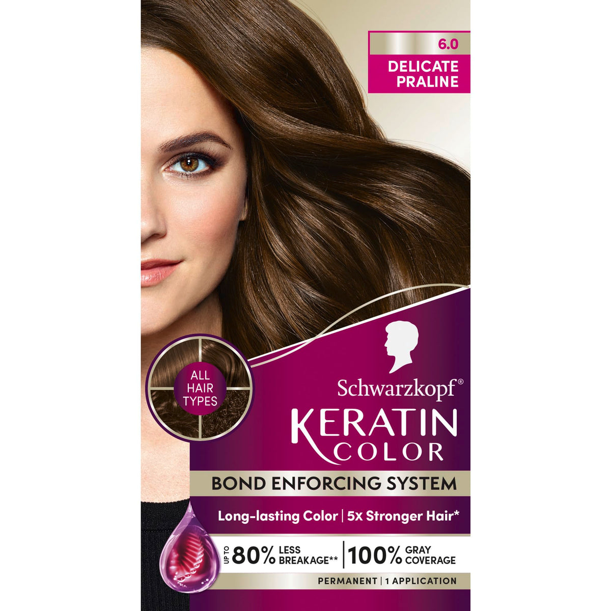 Schwarzkopf Keratin Color box showing 6.0 Delicate Praline for at-home color.