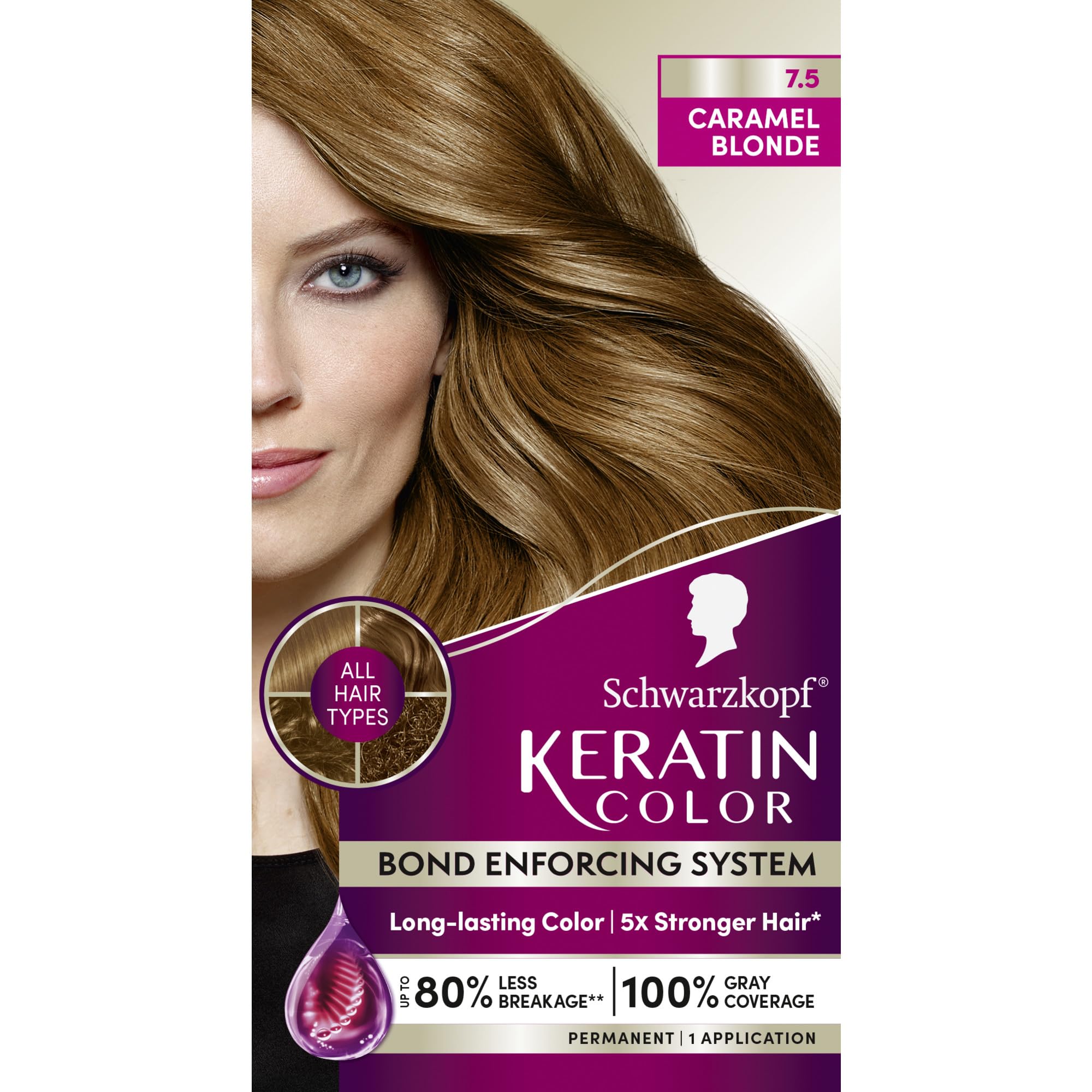 Schwarzkopf Keratin Color 7.5 Caramel Rubio, cobertura total de canas con acabado natural